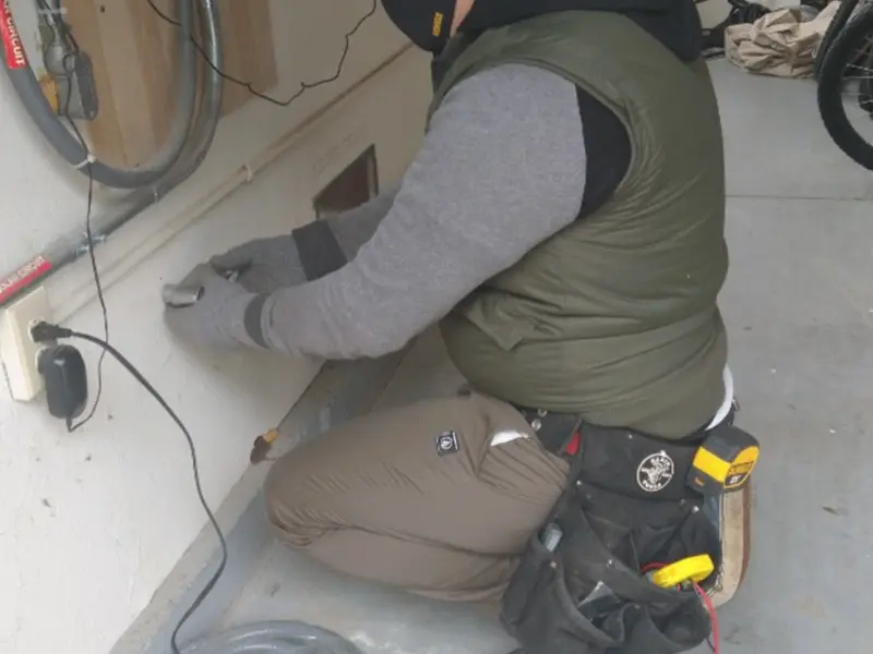 Electrician performing outlet wiring in a Windsor Heights garage